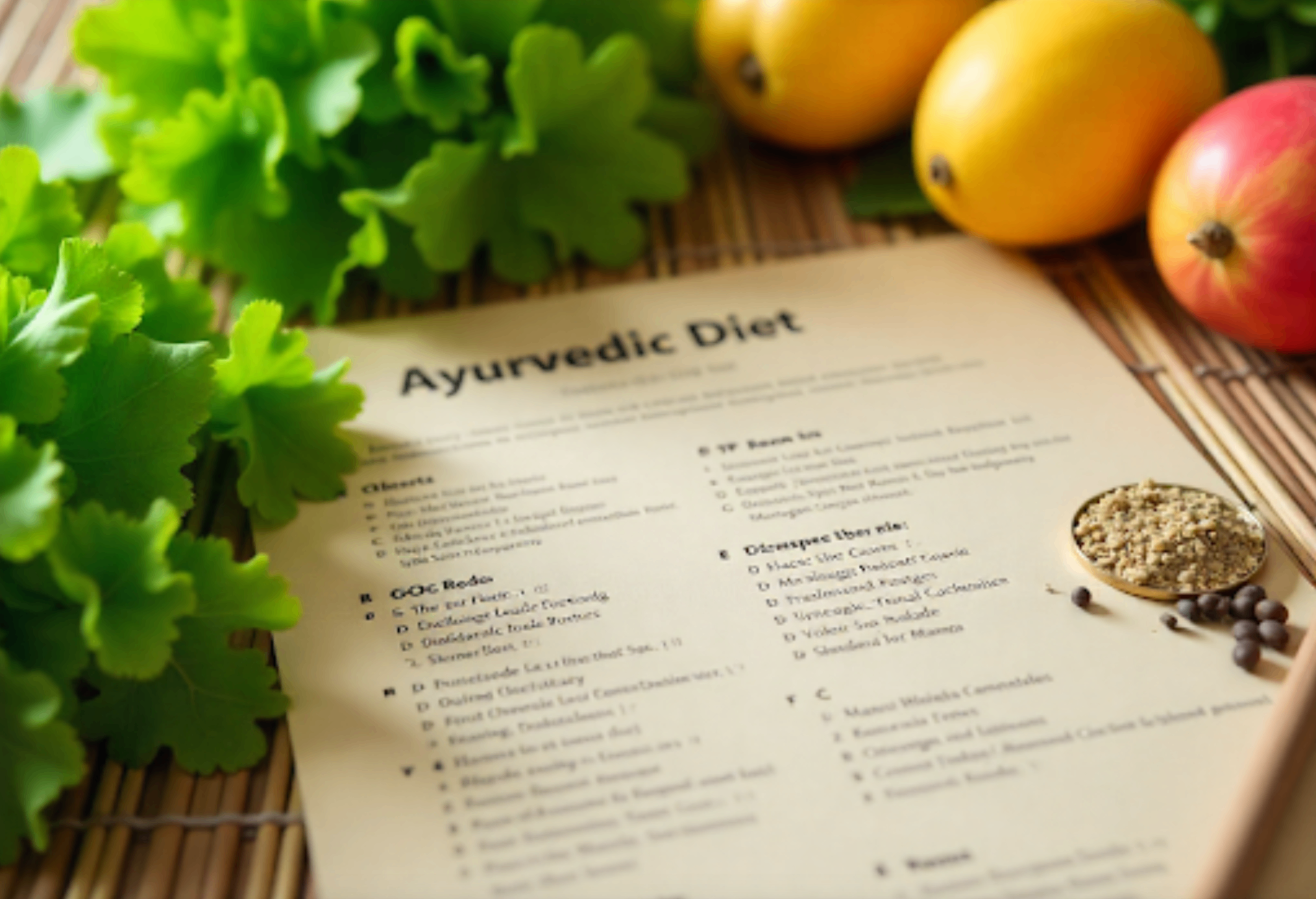 Ayurvedic diet consultation with fresh herbs and personalized diet plan